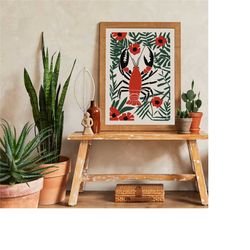 Trendy Red Lobster Poster, Lobster Wall Art, Lobster Print, Vintage Lobster Art, Kitchen Poster Print, Coastal Wall Art,
