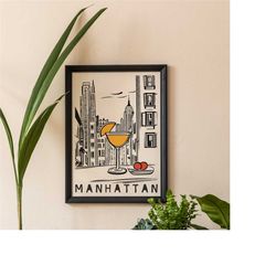 retro manhattan cocktail poster, travel vintage print, new york city, minimalist print, dining room decor, home bar deco