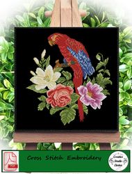 Cross stitch pattern Parrot and lilies. Vintage embroidery pattern.