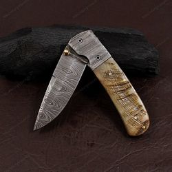 handmade folding knife. damascus folding knife, camping knife, hand forged knife, pocket knife. anniversary gift.