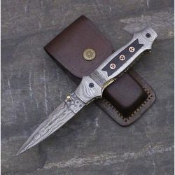 Custom Handmade Damascus Steel Folding Pocket Knife With Sheath , Buffalo Horn Handle , Best Knife , Handmade Knife