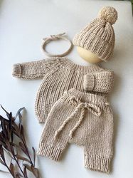 Knitted newborn sweater and hat with pompon and short pants newborn props. Knitted Newborn photo props
