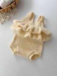 Hand-Knitted Ruffle Romper for Newborn photo. Newborn props.