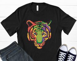 colorful tiger t-shirt, tiger head, tiger decal, tiger print, tiger king, animal head, tiger art, colorful clothing, gra