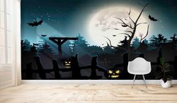 custom wall paper, halloween night landscape, paper wall art, wall paper peel and stick, happy halloween wall decor,
