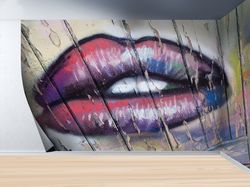 lip graffiti mural, colorful wall art, lip wallpaper, removable wall paper, graffiti wall mural, loft wall art, woman wa