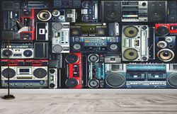 music room wall poster, wall covering, cassette wall paper, wall decor, boombox wall paper, wall art decor, 3d wall deco