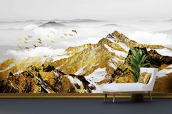 modern wall decor, wall paper, 3d wall mural, golden mountains wall painting, 3d wall decor, landscape wall print, luxur
