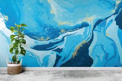 modern wall decal, wallpaper mural art, 3d wall paper, housewarming gift, blue tones marble artwork wallpaper, modern ma