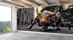 new york bull wall art, bull wallpaper, bronze bull wallpaper, animal statue wall art, 3d wall mural, wallpaper mural ar