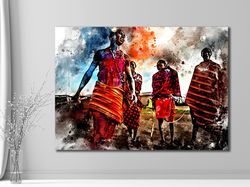 african tribal framed canvas wall art, tribal wall art decor, colorful african men wall art print on canvas, framed canv