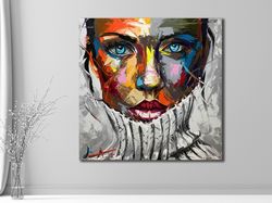 Colorful Girl Face Canvas Wall Art,Woman Portrait Canvas Wall Decor,Abstract Girl Face Painting Canvas,Room Decor,Home D