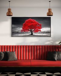 Red Tree on Black White Background Extra Large Painting Canvas Print - Red Wall Art Framed, Unframed, Ready To Hang