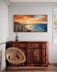 waikiki coast at sunrise panoramic painting, honolulu oahu beach canvas print,  hawaii wall art framed ready to hang