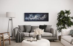 Moon And Clouds Sky Panoramic Wall Art - Man Bedroom Painting Long Horizontal Canvas Print, Framed Unframed Ready To Han