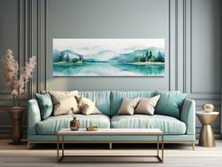 Teal Over Bed Wall Art - Watercolor Mountains Lake Painting Canvas Print, Minimalist Panoramic Bedroom Wall Decor Ready