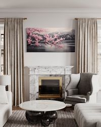 Pink Cherry Blossom on Black Abstract Landscape Painting Canvas Print, Japanese Sakura Wall Art, Pink Accent Decor Ready
