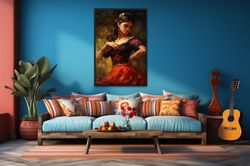Mexican Wall Art, Dancing Woman Painting Canvas Print  - Traditional Mexican Dance Art, Dance Room Art Framed Unframed R