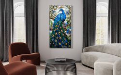 Peacock Stained Glass Style Painting Canvas Print, Long Vertical Wall Art, Extra Large Decor For Living Room, Bedroom, R