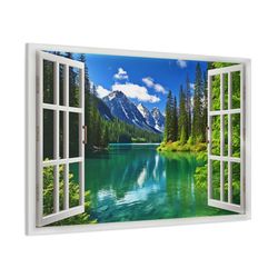 Window View Canvas - Mountains And Emerald Green Lake View From Open Window Painting - Nature Landscape Wall Art Print R