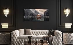 Mountain Cabin In The Woods Winter Painting Extra Large Cavas Print - Cabin Reflected in Lake Wall Art - Framed Unframed