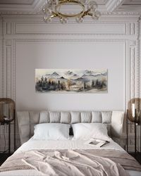 Watercolor Mountain Landscape Canvas Print, Earth Tones Over Bed Living Room Art, Large Panoramic Wall Decor FramedUnfra