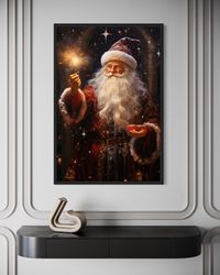 Santa Lighting Sparklers Painting Canvas Poster Art Print, Christmas Eve Wall Art, Kids Room Decor, Christmas Artwork Fr