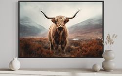 sepia highland cow wall art - photography canvas print - rustic farmhouse decor - scottish cow painting -  framed or unf