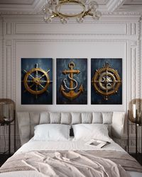 Nautical Wall Art Set of Three Maritime Prints - Navy Blue Gold Coastal Decor - Painting of Anchor, Compass, Helm Canvas
