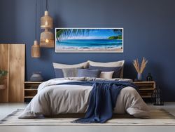 Tropical Beach Wall Art - Caribbean Beach Palm Leaves Photography Style Painting Canvas Print, Long Horizontal Framed Un