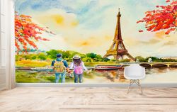 paris landscape wallpaper, view wall poster, lovers watching the eiffel wall print, red leaves paper craft, modern wallp