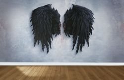paper wall art, room wall decor, banksy wallpaper, gift for her, black wings wall decals, abstract angel wall stickers,