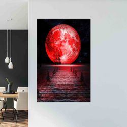 sea landscape with huge red moon art, full moon wall decor, moon landscape art, tempered glass, canvas art, 3d wall deco