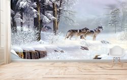 snow and there wolf paper, snowy wall decor, three wolf wallpaper, 3d wall mural, landscape wall decals, wallpaper mural