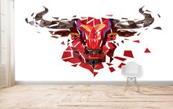 papercraft 3d, wallpaper panels, wall decals mural, gift for the home, polygon bull wall painting, geometric wall poster
