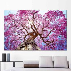 purple tree landscape wall art, tree wall decor, flower wall art, nature landscape art, tempered glass, framed canvas ar