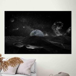 Sky Landscape Art, Full Moon Wall Decor, Starry Sky Artwork, Black Wall Decor, 3D Wall Art, Tempered Glass, Framed Canva