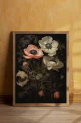 Gothic Poppy Print, Botanical Flowers Art, Dark Cottagecore Painting, Dark Academia, Dark Poppy Art, Flowers Decor, Popp