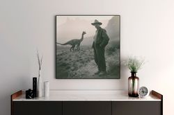 dinosaur cowboy art, vintage photography print, dinosaur cowboy and spinosaurus art, dark academia, western jurassic pos