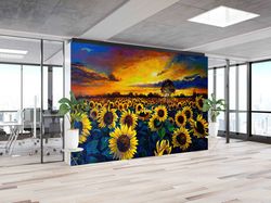 Custom Wall Paper,Landscape Wall Paper,Bright Wall Paper,Paper Wall ArtSunflower Field Painting,Sunset Landscape Wall Pa