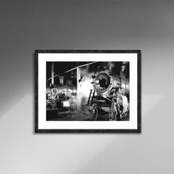 j h pope washes locomotive 104, bristol roundhouse, virginia, train photo poster framed canvas, black white photo, canva