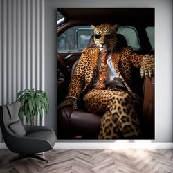 Jaguar Sitting in Car, Jaguar in Suit, Fashion animal Art, Cool Jaguar Decor, Jaguar Decor with Glasses, Funny Animals,