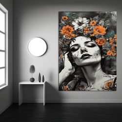 Floral Woman  Canvas Painting, Colorful Flowers Art, Flower Head Woman Art, Heavenly Perfection Canvas, Flowers and Woma
