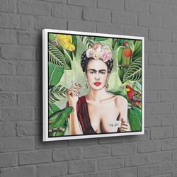 frida tea cup, smoking frida, smoking woman artwork, woman wall art, frida wall art, frida kahlo poster, smoking canvas,