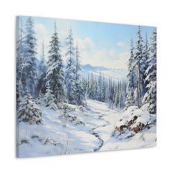winter canvas gallery wrap, snowy forest pine trees scene watercolor wall art print decor small large hanging landscape