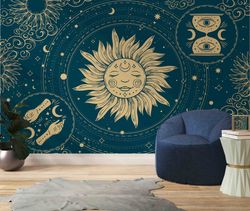 sun and moon wallpaper, time illustration art, modern wall decal, modern wall mural, abstract wall art, gift for the hom