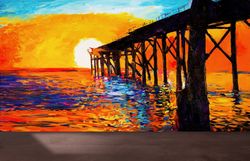 sunset landscape mural, dock and sunset wall paper, papercraft 3d, sea wall paper, yellow wallpaper, coastal wall paper,