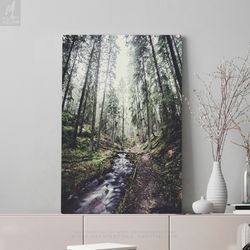 trail in the woods canvas print, moody forest wall art and wanderlust wall hanging, ready to hang living room art, large