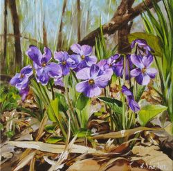 Wild Violets Original oil Painting on canvas, Violet Flowers Bouquet, Forest Fine Art, Wall Art Original,  Ukrainian rea