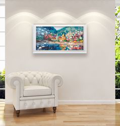 positano painting on canvas, original art, italy amalfi coast, abstract seascape painting, living room wall decor, large